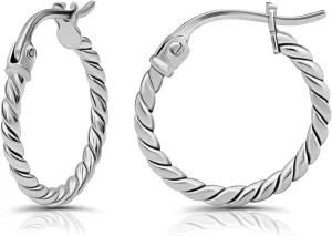 Hoops & Loops 925 Sterling Silver Twist Rope Round Hoop Earrings for Women, 15mm 20mm 25mm 30mm 35mm Silver, Yellow Gold, Rose Gold