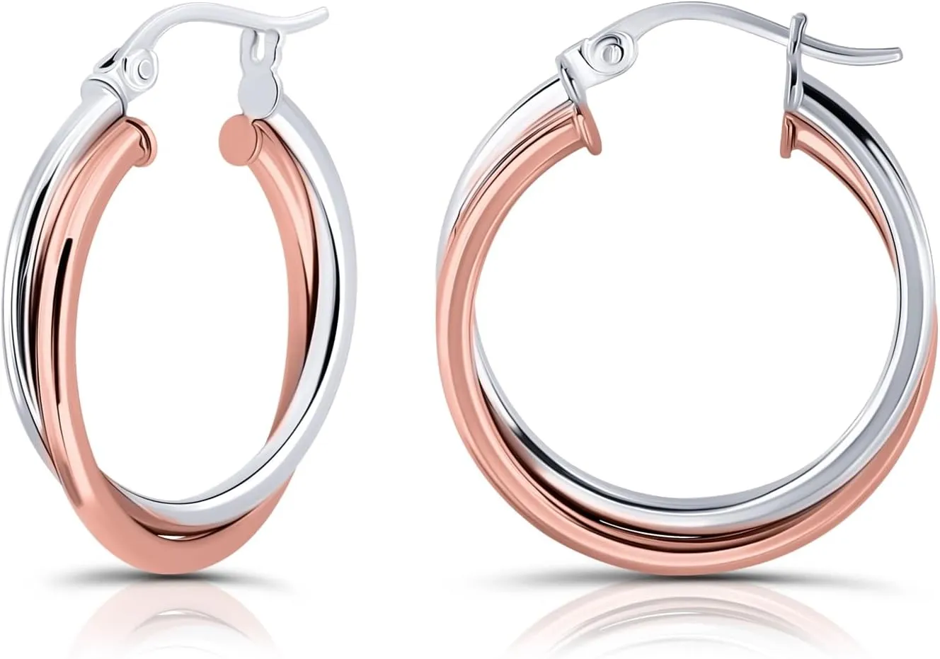 Hoops & Loops 925 Sterling Silver Two-Tone Intertwining Round Double Square-Tube Hoop Earrings for Women, 20mm, 25mm, 35mm Silver, Yellow Gold, Rose Gold, Black