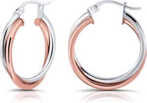 Hoops & Loops 925 Sterling Silver Two-Tone Intertwining Round Double Square-Tube Hoop Earrings for Women, 20mm, 25mm, 35mm Silver, Yellow Gold, Rose Gold, Black