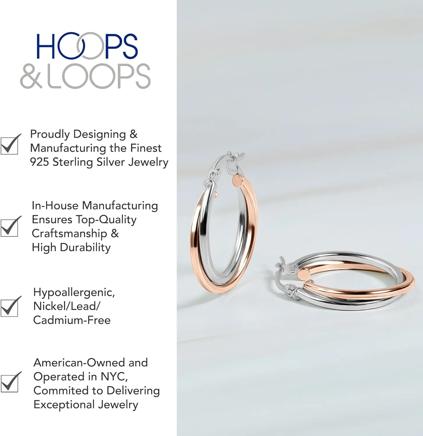 Hoops & Loops 925 Sterling Silver Two-Tone Intertwining Round Double Square-Tube Hoop Earrings for Women, 20mm, 25mm, 35mm Silver, Yellow Gold, Rose Gold, Black