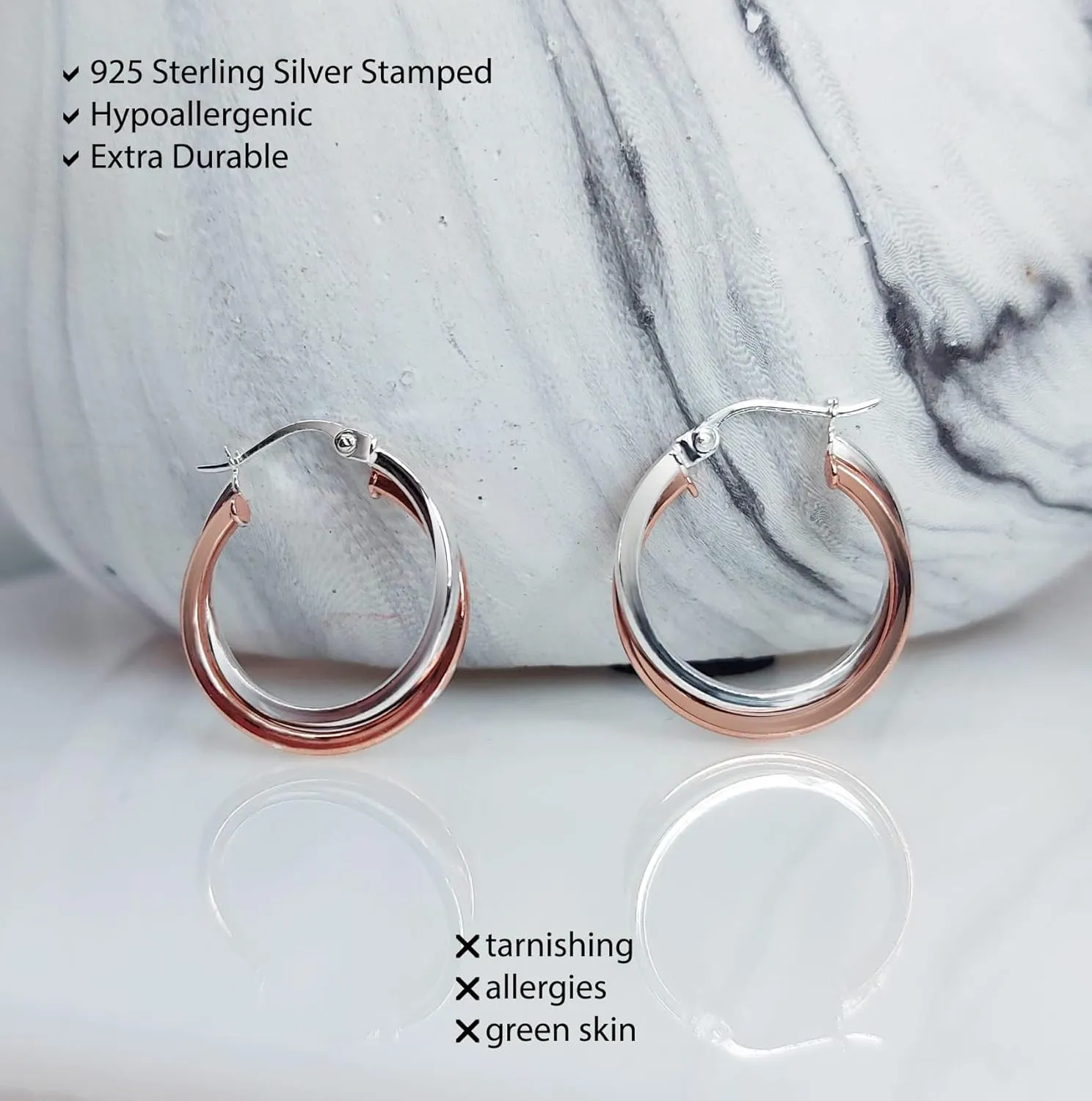 Hoops & Loops 925 Sterling Silver Two-Tone Intertwining Round Double Square-Tube Hoop Earrings for Women, 20mm, 25mm, 35mm Silver, Yellow Gold, Rose Gold, Black