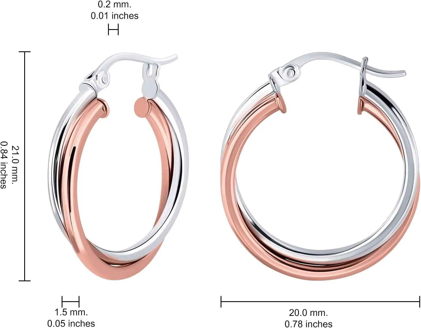 Hoops & Loops 925 Sterling Silver Two-Tone Intertwining Round Double Square-Tube Hoop Earrings for Women, 20mm, 25mm, 35mm Silver, Yellow Gold, Rose Gold, Black