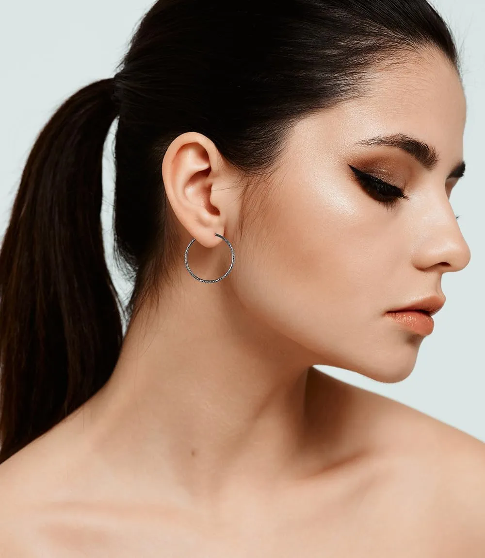 Hoops & Loops Black Flashed 925 Sterling Silver Diamond-Cut Click-Top Round Hoop Earrings for Women, Sizes 15mm-50mm