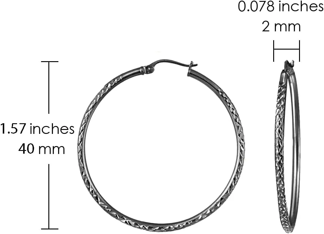 Hoops & Loops Black Flashed 925 Sterling Silver Diamond-Cut Click-Top Round Hoop Earrings for Women, Sizes 15mm-50mm