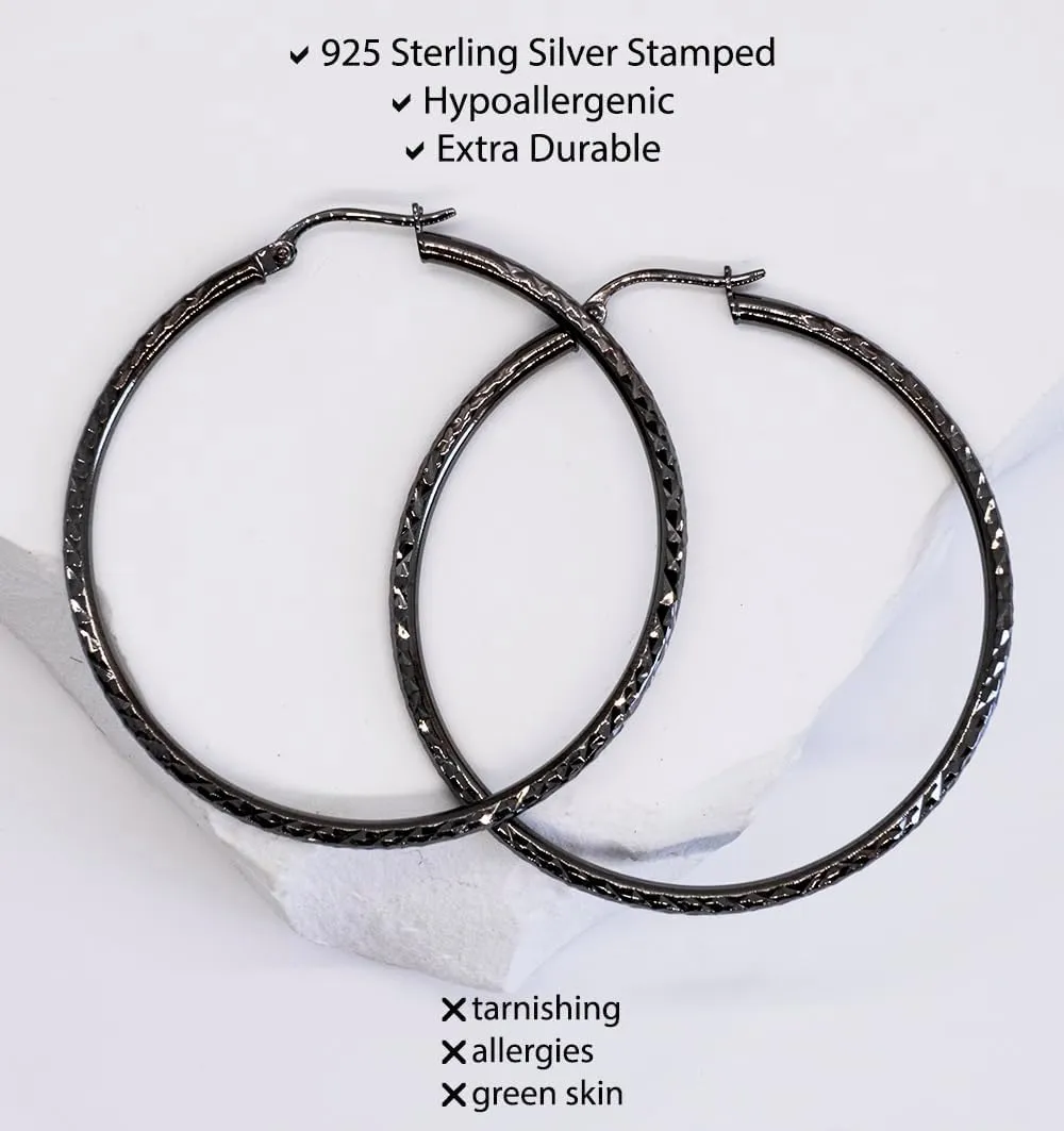 Hoops & Loops Black Flashed 925 Sterling Silver Diamond-Cut Click-Top Round Hoop Earrings for Women, Sizes 15mm-50mm