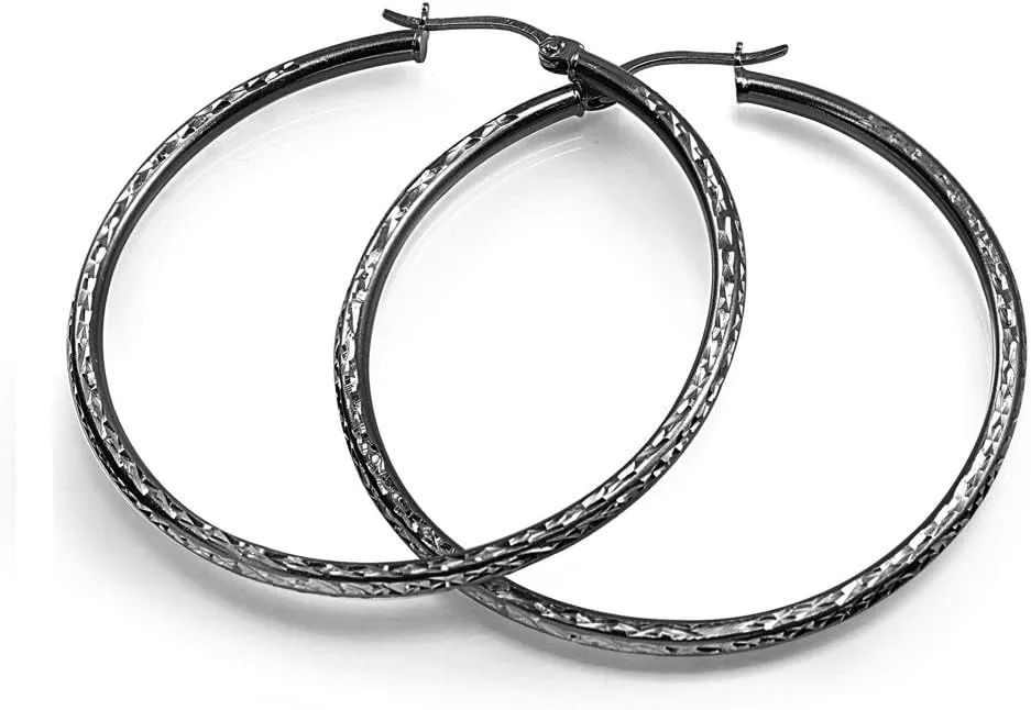 Hoops & Loops Black Flashed 925 Sterling Silver Diamond-Cut Click-Top Round Hoop Earrings for Women, Sizes 15mm-50mm