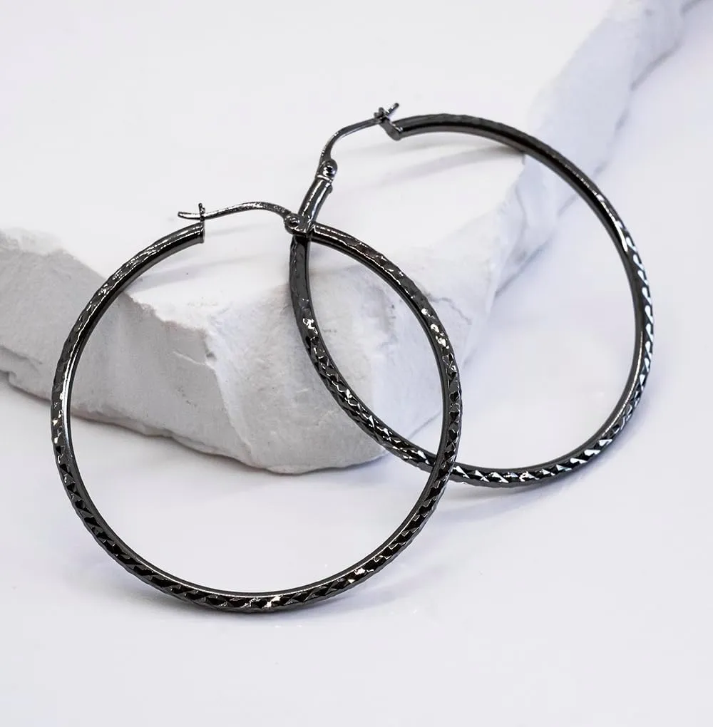 Hoops & Loops Black Flashed 925 Sterling Silver Diamond-Cut Click-Top Round Hoop Earrings for Women, Sizes 15mm-50mm