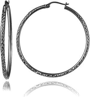 Hoops & Loops Black Flashed 925 Sterling Silver Diamond-Cut Click-Top Round Hoop Earrings for Women, Sizes 15mm-50mm