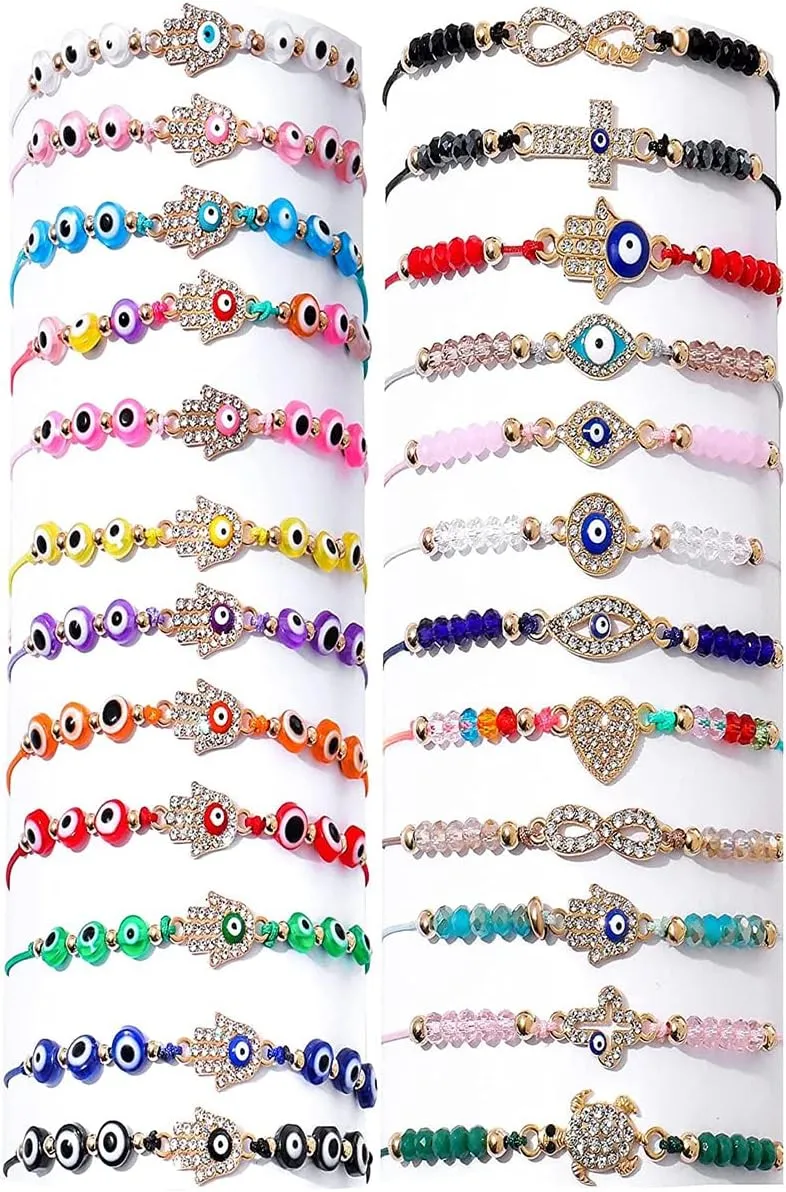 HOTBEST 24Pcs Evil Eye Bracelet Pack Mexican Bracelet Set Handmade Evil Eye Strand Bracelet Adjustable Good Luck Mal De Ojo Anklet Amulet Bangle Evil Eye Anklet Jewelry Gift for Women Girl ...
