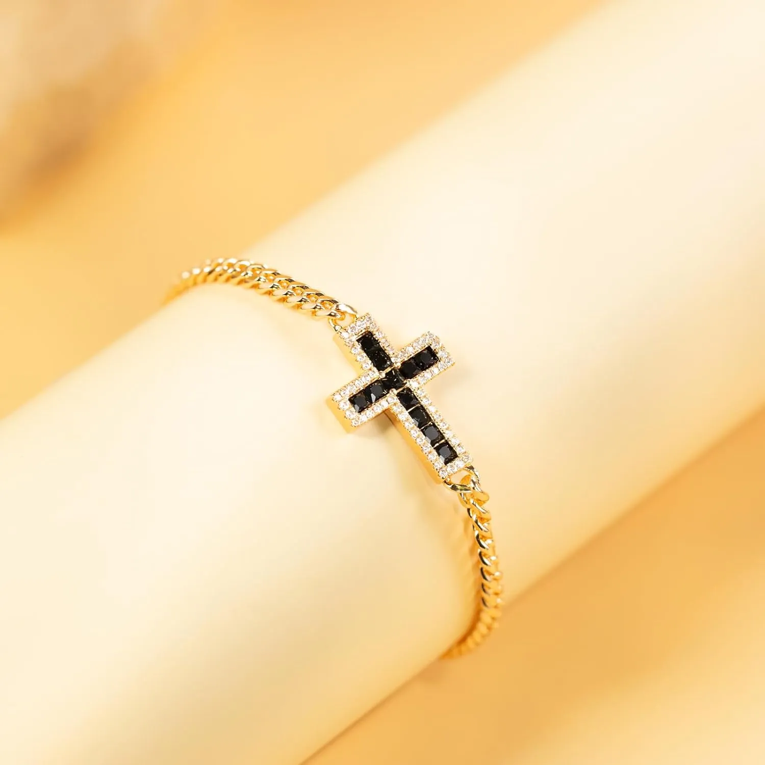 HZMAN Cross Bracelet for Women Thin Dainty 14K Rose Gold Plated Cuban Chain Link Bracelet Cubic Zirconia Cross Bracelet Jewelry Gift