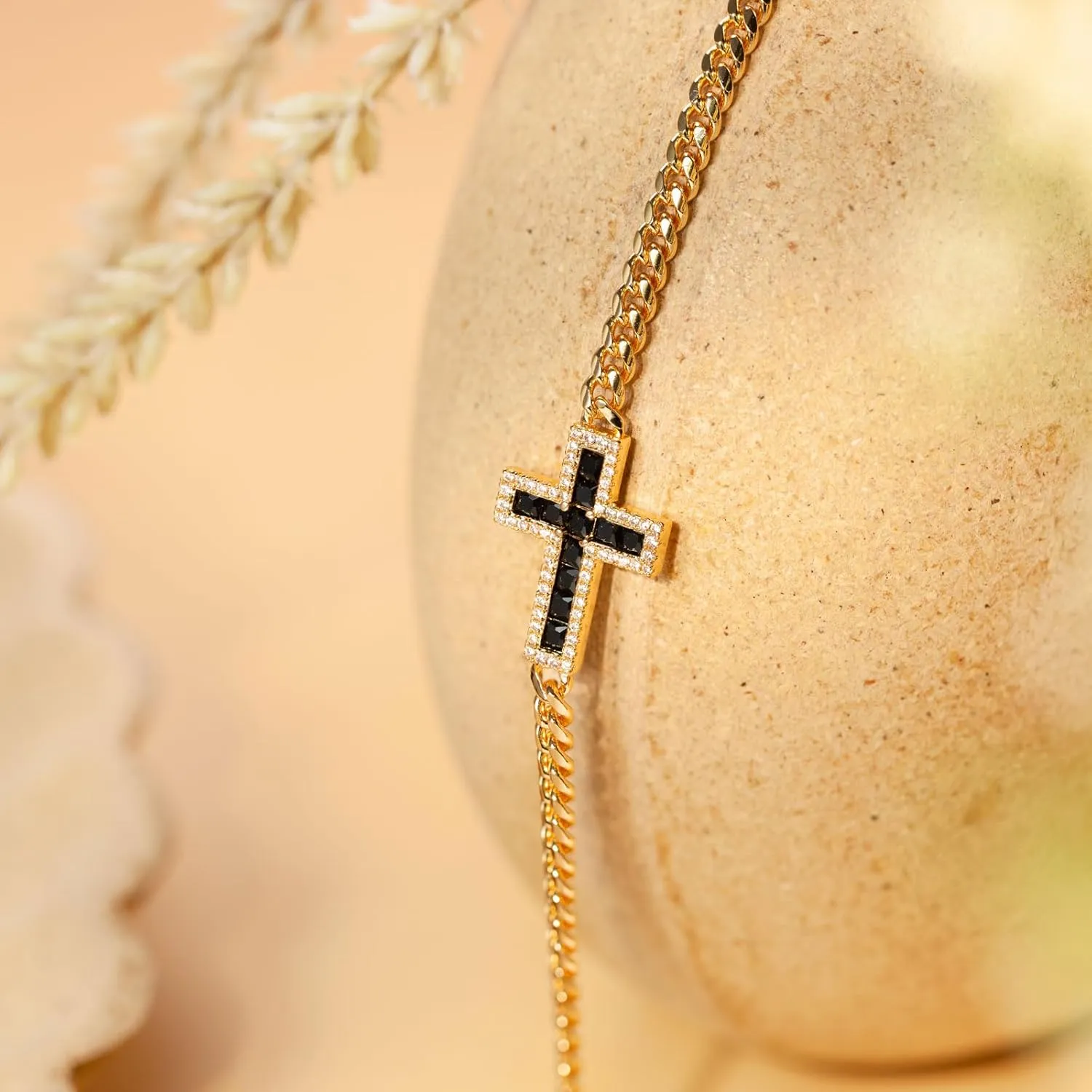 HZMAN Cross Bracelet for Women Thin Dainty 14K Rose Gold Plated Cuban Chain Link Bracelet Cubic Zirconia Cross Bracelet Jewelry Gift