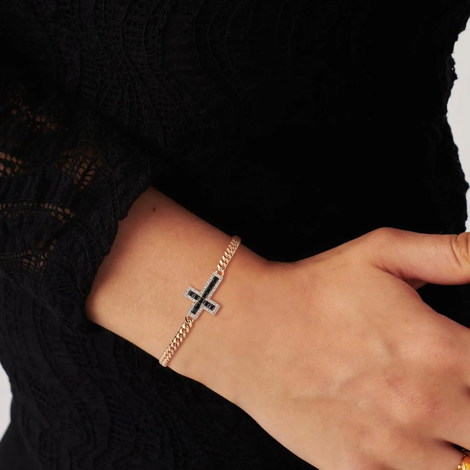 HZMAN Cross Bracelet for Women Thin Dainty 14K Rose Gold Plated Cuban Chain Link Bracelet Cubic Zirconia Cross Bracelet Jewelry Gift