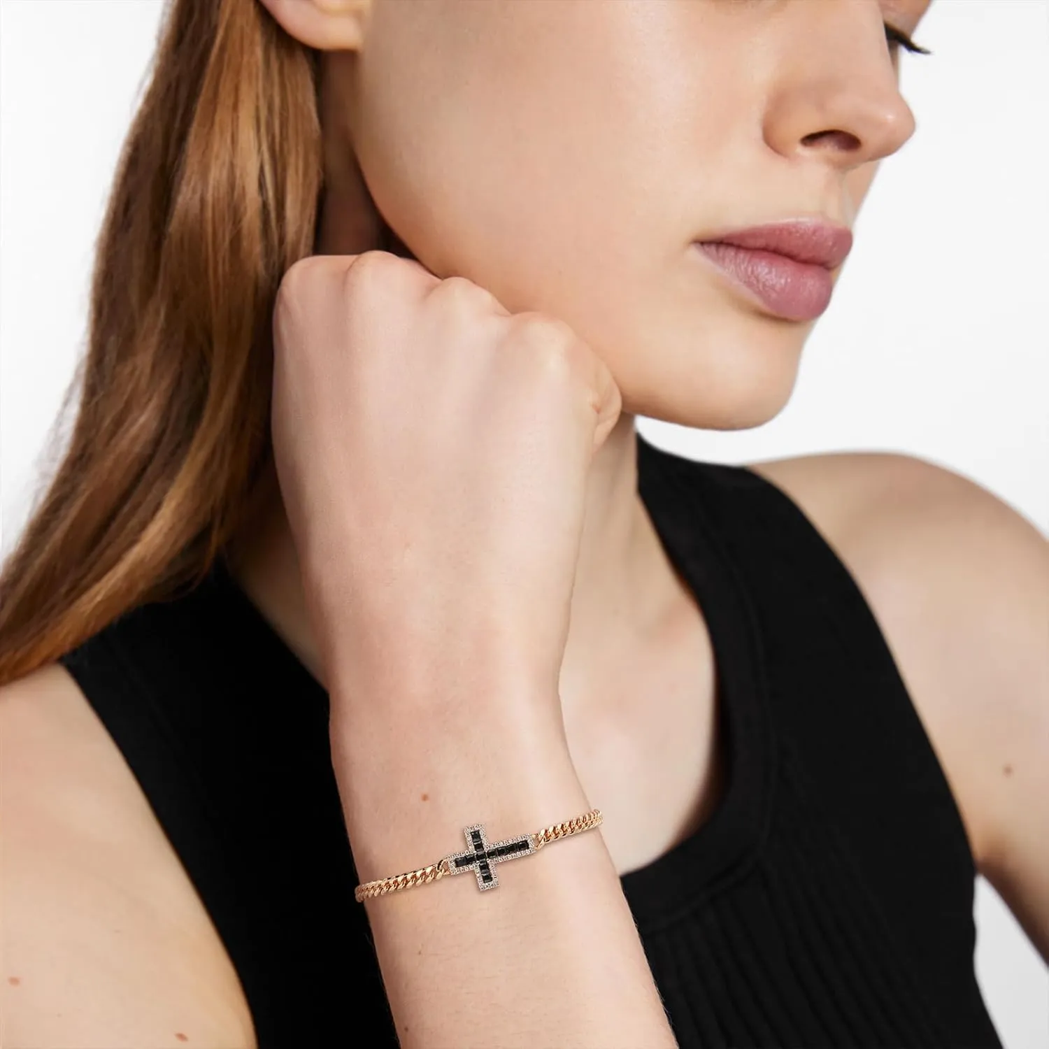 HZMAN Cross Bracelet for Women Thin Dainty 14K Rose Gold Plated Cuban Chain Link Bracelet Cubic Zirconia Cross Bracelet Jewelry Gift