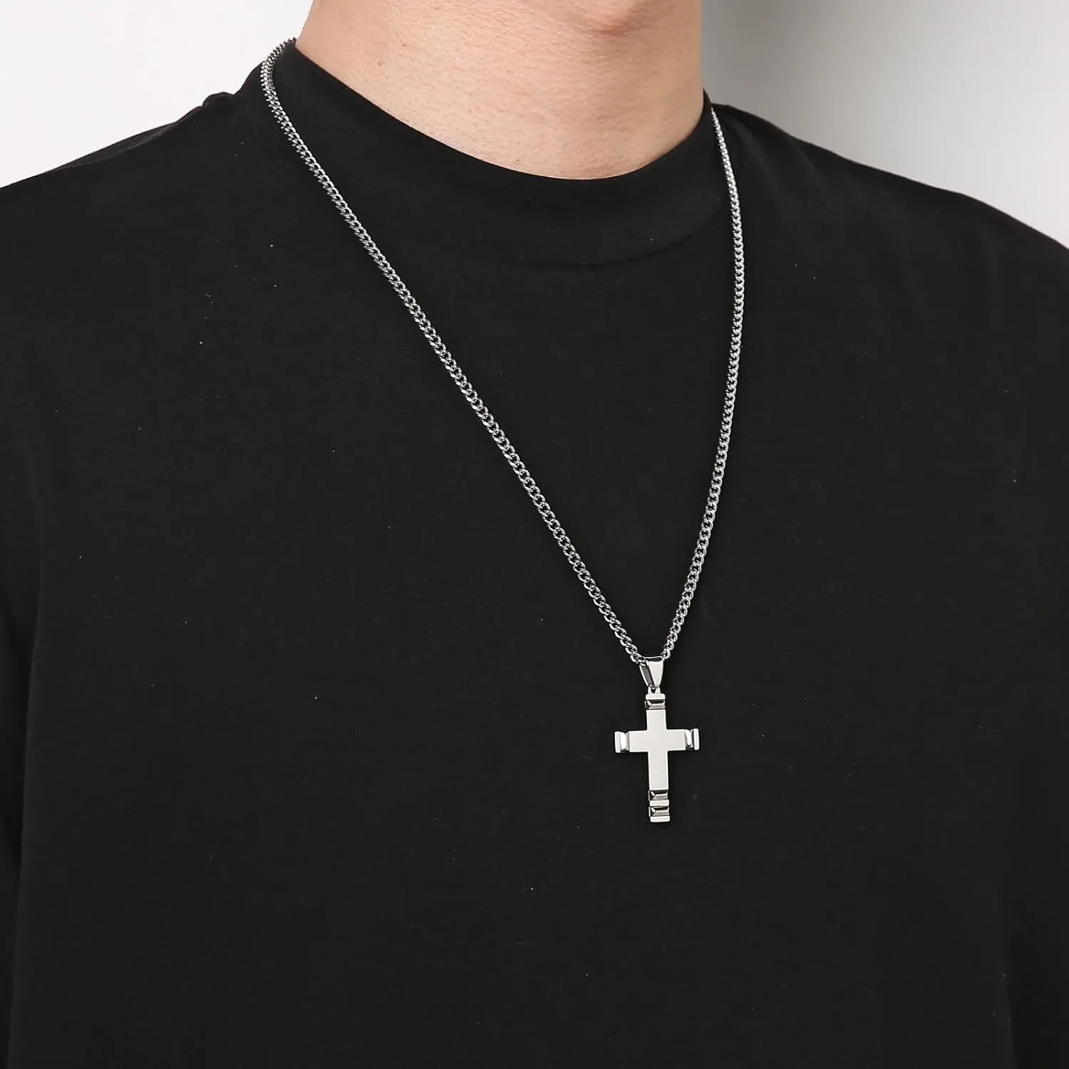 HZMAN Cross Necklace for Men Stainless Steel High Polished Classic Crucifix Pendant with 24Inch Cuban Chain