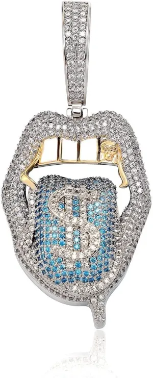 ICEDIAMOND Iced Out Crazy Dollar Blazing Tongue Creative Pendant Necklace, Full Shiny Colored CZ Diamond with White Gold Plated Hip Hop Charm Jewelry for Men