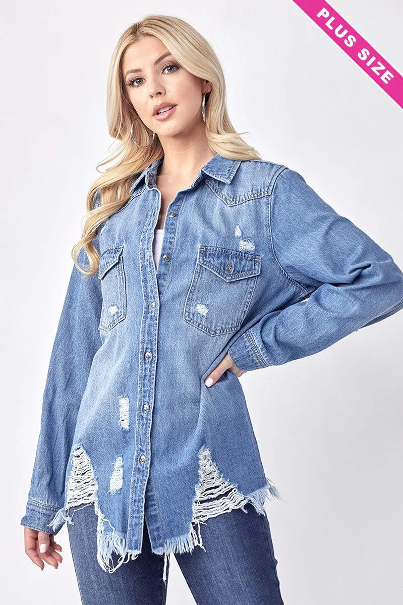 Im Not A Frayed Distressed Medium Denim Button Risen Plus Shirt (Size 1X)