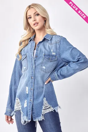 Im Not A Frayed Distressed Medium Denim Button Risen Plus Shirt (Size 1X)