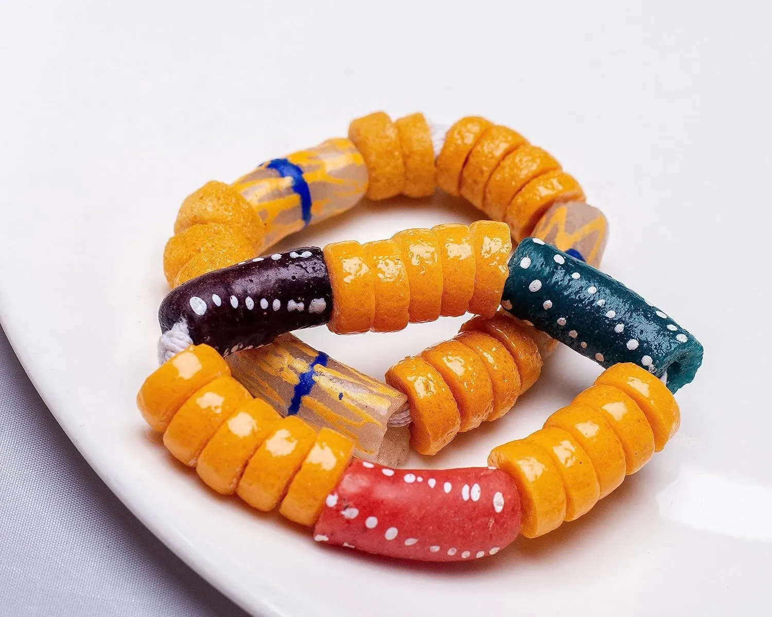in Ghana: Two (2) Pcs African Traditional Stretchy Beaded Bracelet for Kids - Colorful and Beautiful Krobo Beads Bracelet from Ghana (Yellow/Dark Brown/Red/Teal)