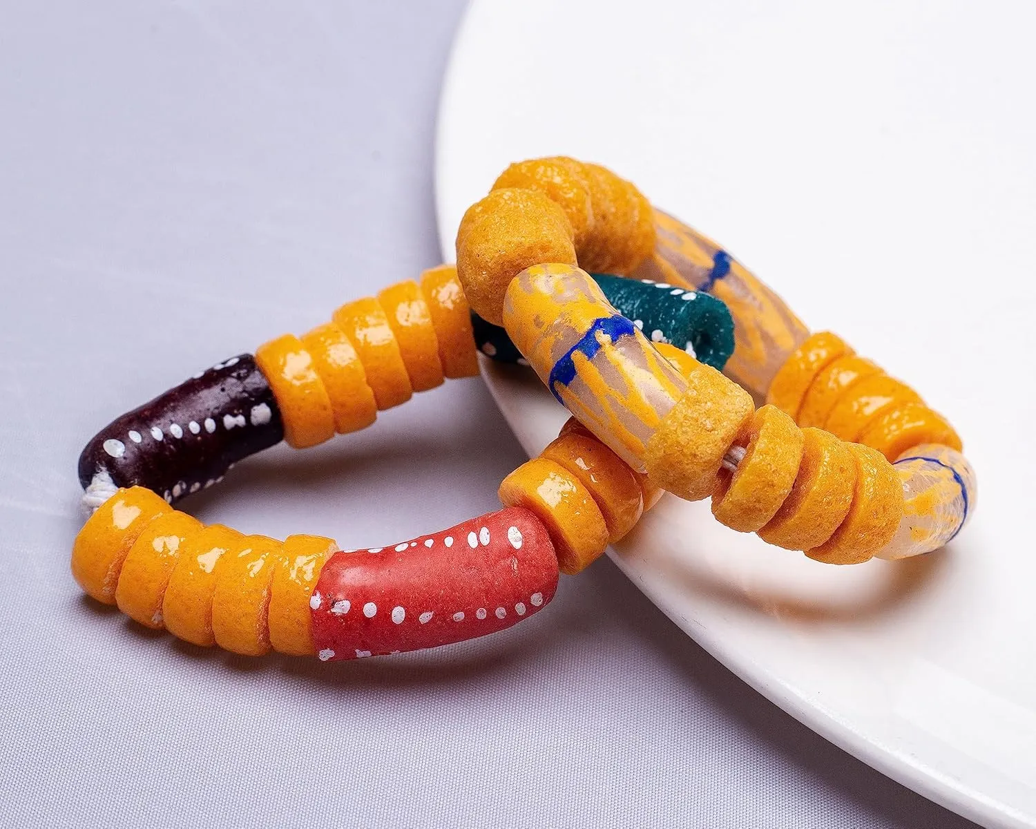 in Ghana: Two (2) Pcs African Traditional Stretchy Beaded Bracelet for Kids - Colorful and Beautiful Krobo Beads Bracelet from Ghana (Yellow/Dark Brown/Red/Teal)