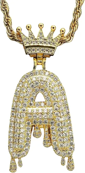 Initial Necklaces for Women Men 18k Gold Plated Crown Letter Pendant Necklace with Cubic Zirconia, Rope Chain Hip Hop Jewelry for Birthday