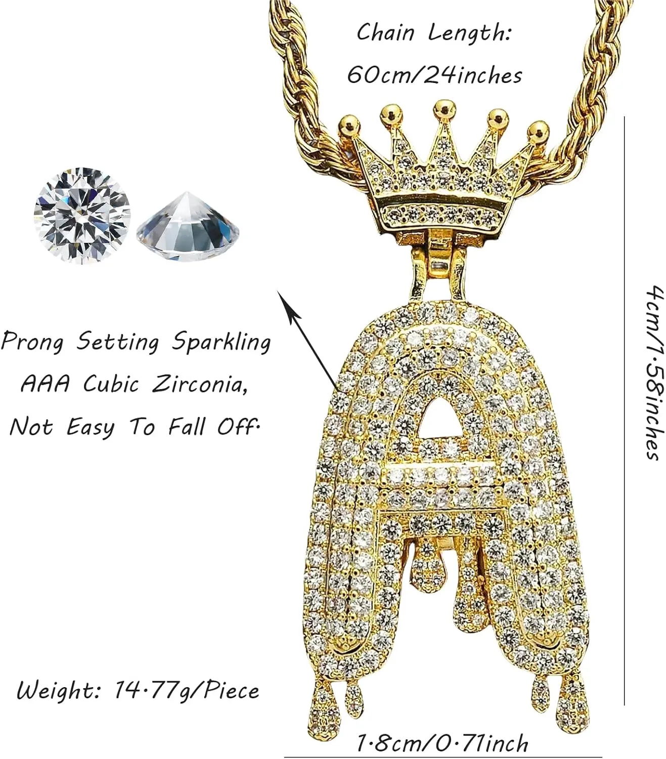 Initial Necklaces for Women Men 18k Gold Plated Crown Letter Pendant Necklace with Cubic Zirconia, Rope Chain Hip Hop Jewelry for Birthday