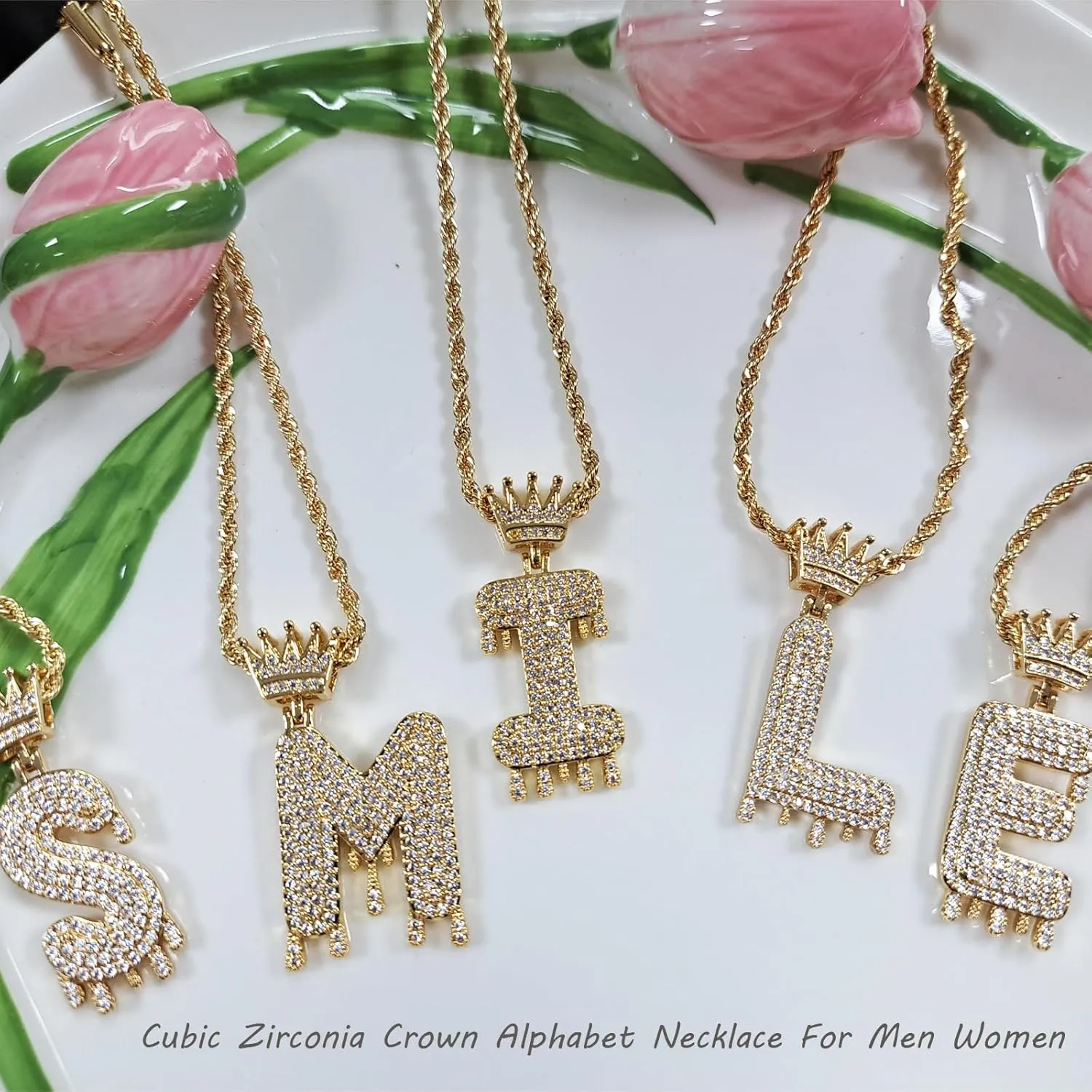 Initial Necklaces for Women Men 18k Gold Plated Crown Letter Pendant Necklace with Cubic Zirconia, Rope Chain Hip Hop Jewelry for Birthday