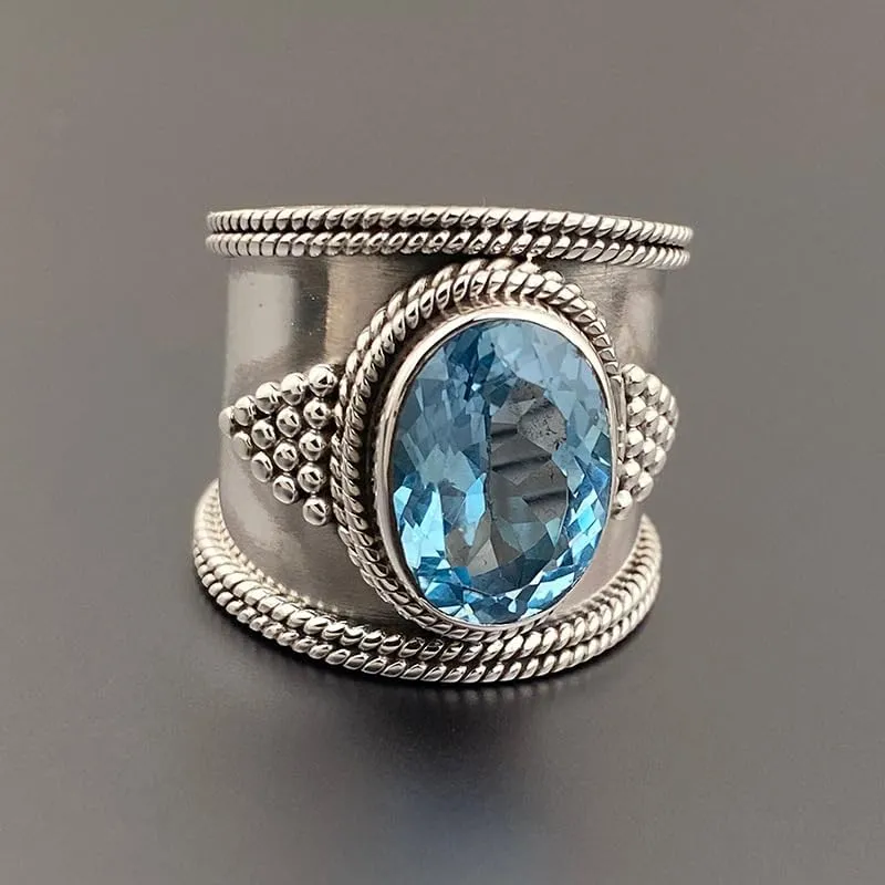 JerMrasra Vintage Statement Ring, Oval Sky Blue Gemstone Ring with Zirconia, Cubic Zirconia Imitation Diamond Moissanite Rings for Women,925 Sterling Silver Fashion Jewelry for Wedding Engagement 6