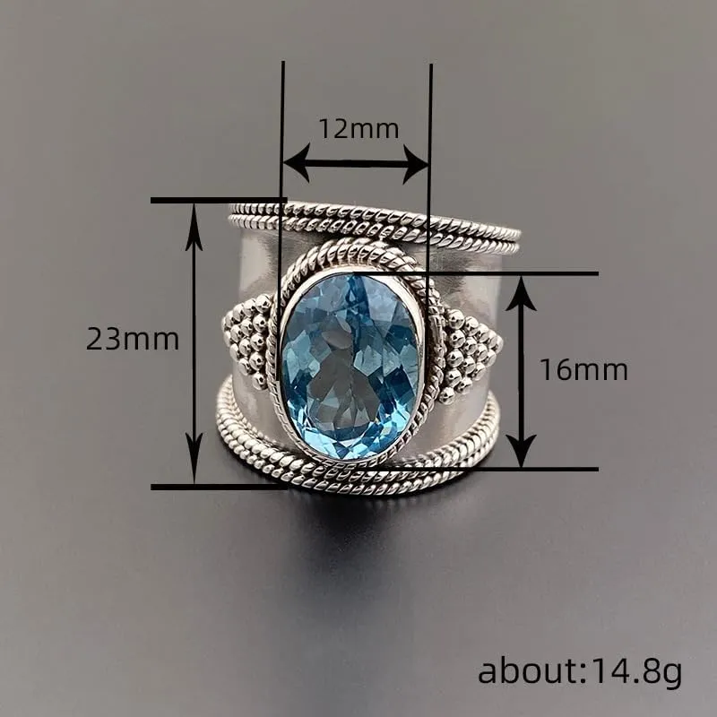JerMrasra Vintage Statement Ring, Oval Sky Blue Gemstone Ring with Zirconia, Cubic Zirconia Imitation Diamond Moissanite Rings for Women,925 Sterling Silver Fashion Jewelry for Wedding Engagement 6