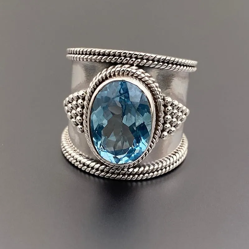 JerMrasra Vintage Statement Ring, Oval Sky Blue Gemstone Ring with Zirconia, Cubic Zirconia Imitation Diamond Moissanite Rings for Women,925 Sterling Silver Fashion Jewelry for Wedding Engagement 6