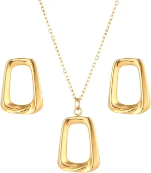 Jewelry Hypoallergenic 18K Double Layer Gold-Plated Stainless-Steel Trendy Geometric Layered Gold Necklace and Earring Set for Women