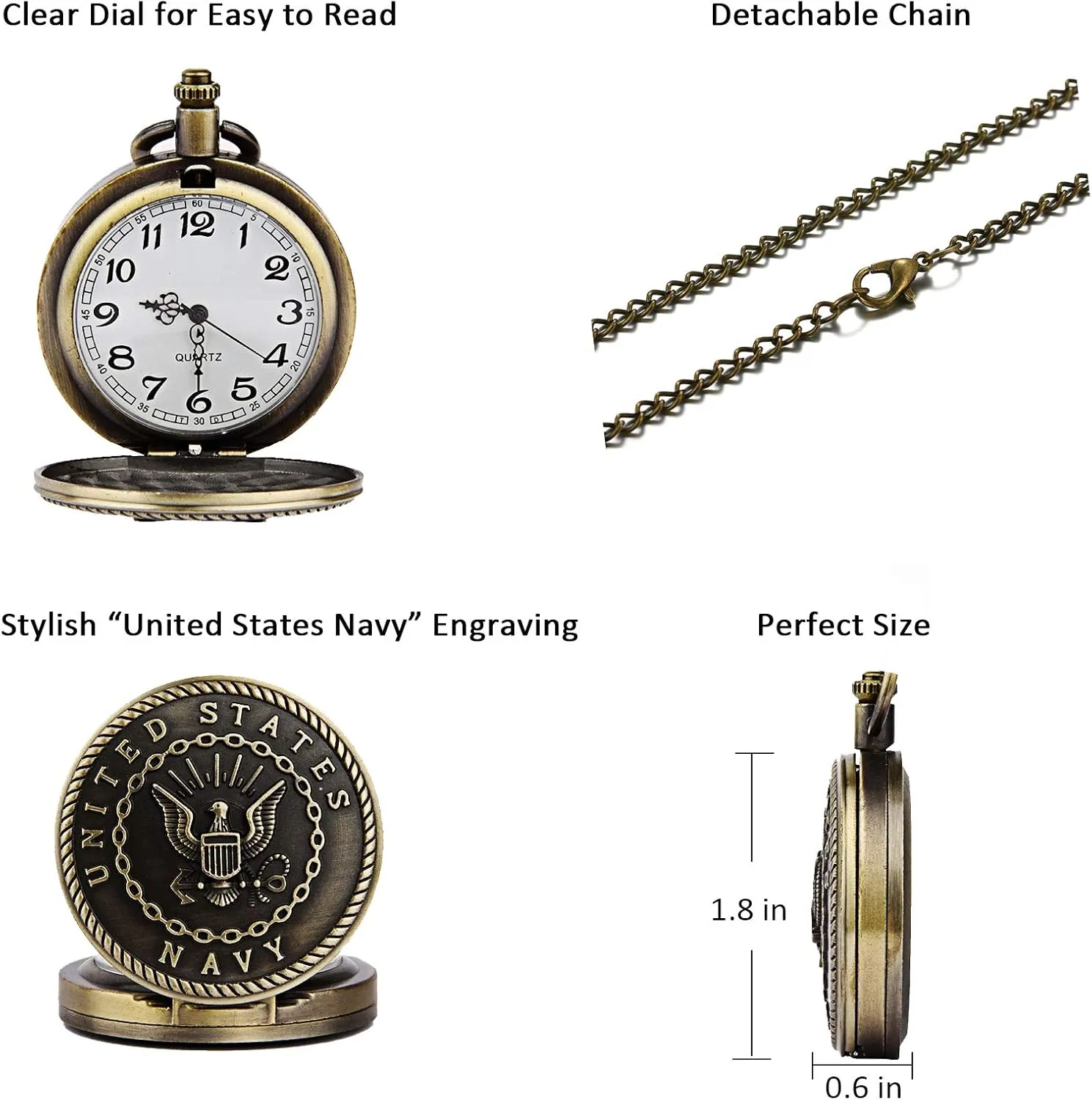JewelryWe Bronze Retro Pocket Watch Men's United States Marine Corps Veterans Quartz Watch