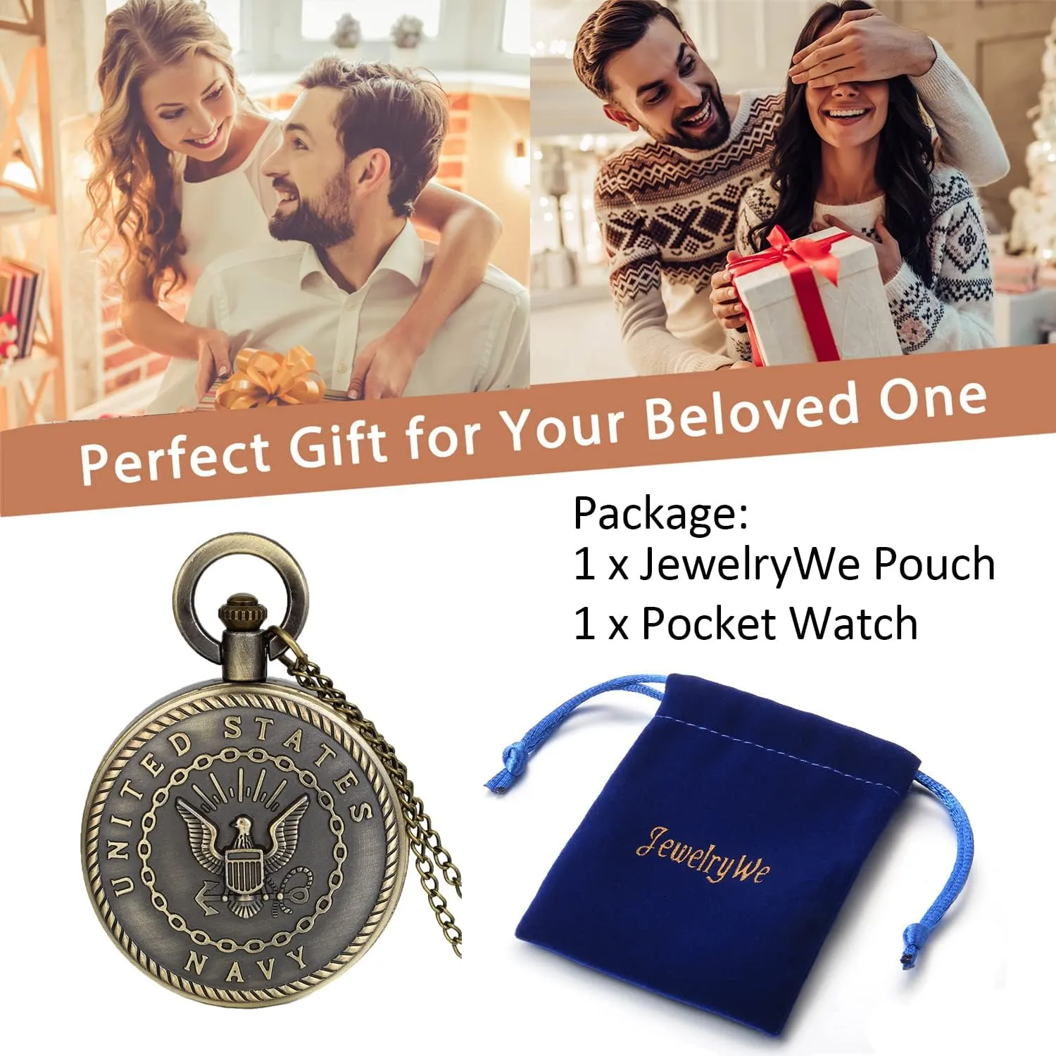 JewelryWe Bronze Retro Pocket Watch Men's United States Marine Corps Veterans Quartz Watch