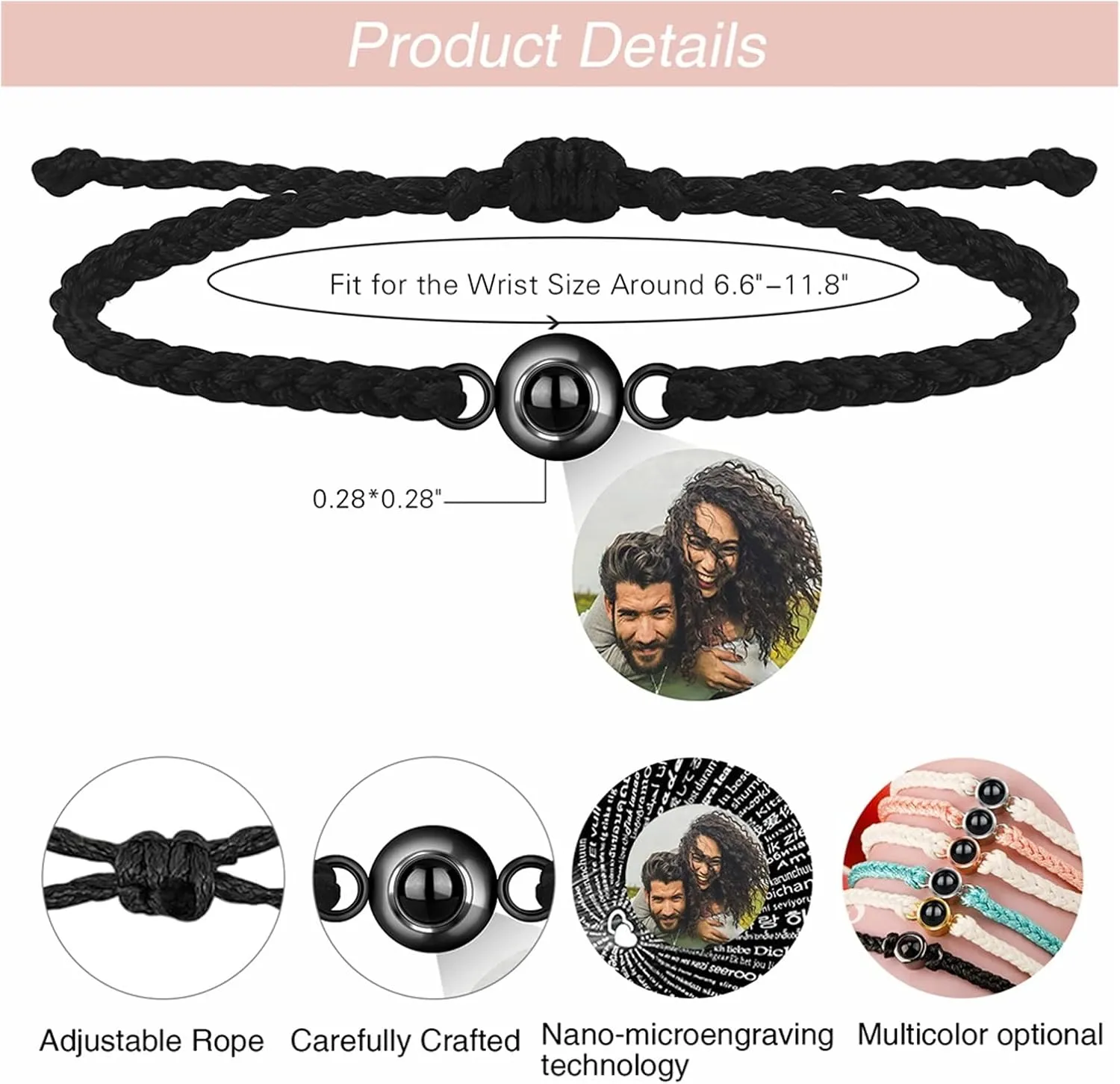 jifu Custom Bracelet with Picture Inside,Custom Photo Projection Bracelet,Custom Bracelet with Picture Inside Personalized,Custom Couples Projection Photo Matching Bracelet (Black,1PCS)
