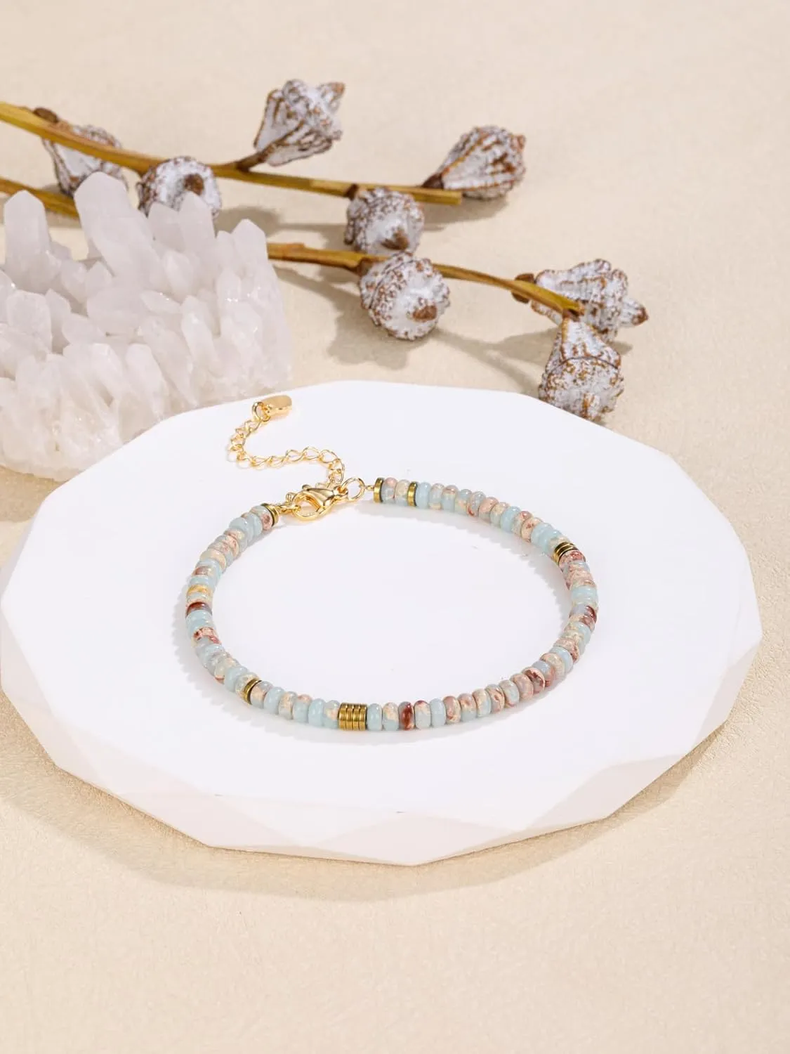 Jovivi Natural Stone Beaded Bracelets for Women Boho Colorful Gemstone Healing Crystals Bead Bracelet 14K Gold Plated Summer Handmade Jewelry Birthday Gift