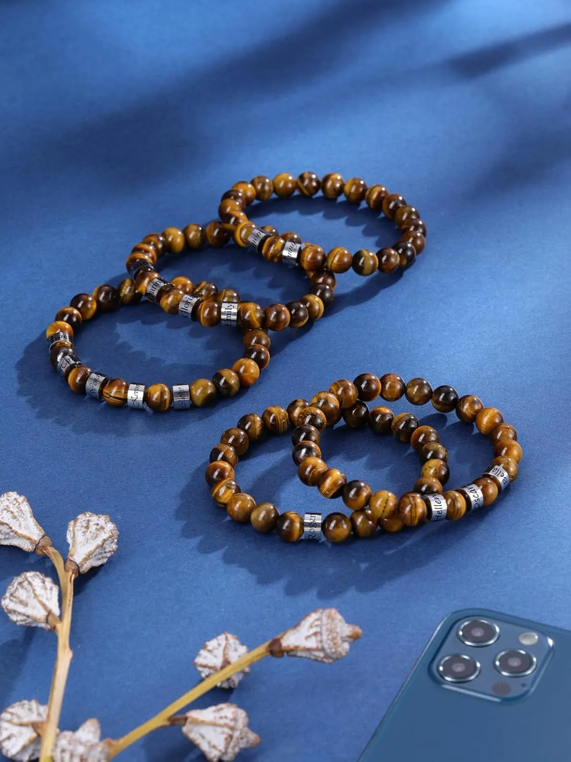Jovivi Personalized Tiger Eye Crystal Bracelet for Men Custom Names 8MM Natural Stone Beads Bracelet Mens Beaded Bracelets for Boyfriend Birthday Gifts Christmas Day