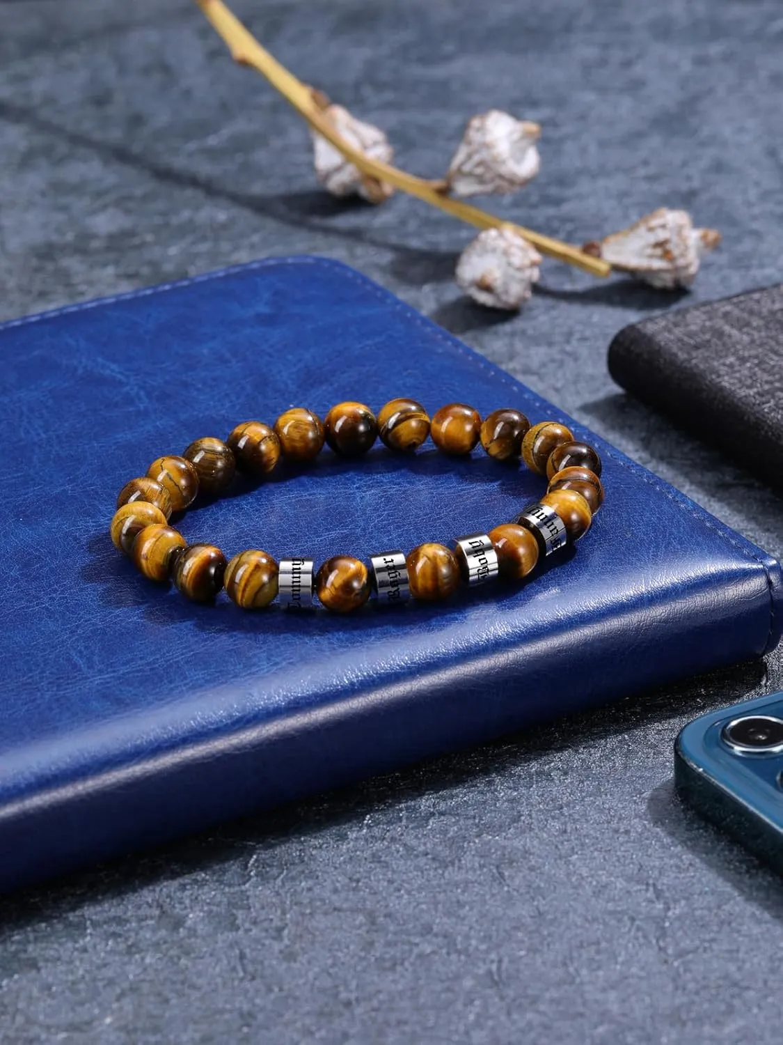 Jovivi Personalized Tiger Eye Crystal Bracelet for Men Custom Names 8MM Natural Stone Beads Bracelet Mens Beaded Bracelets for Boyfriend Birthday Gifts Christmas Day