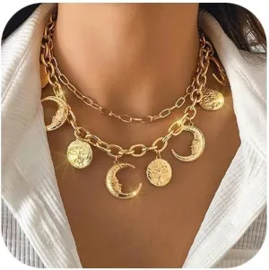 Jovono Gold Choker Necklace Layered Moon Pendant Necklaces Coin Necklace Accessories for Women