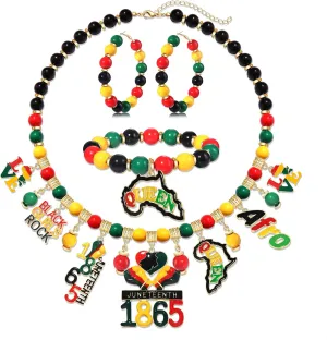 Juneteenth Necklace Earrings Bracelet for Women African Beaded Pendant Necklace Black Women Fist Hoop Dangle Earrings Afro Juneteenth Stretch Bracelet Black History Month Jewelry Set Gifts