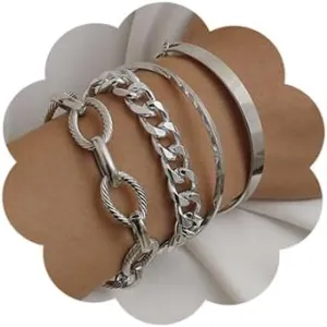 JWICOS Gold Charm Boho Bracelets Set for Women and Girls Multiple Stacking Wrist Cuff Wrap Bracelets Cuban Chain Bangle Flat Chunky Chain Bracelets for Women and Girls Set of 4