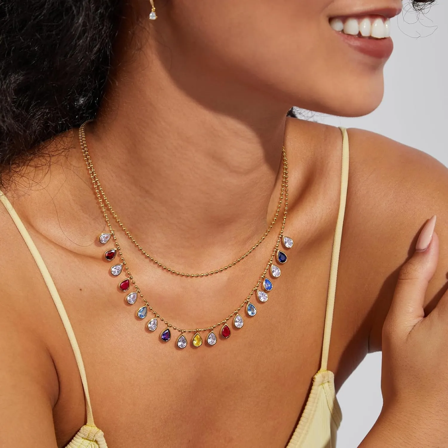 KissYan Colorful Charm Necklace for Women, 14K Gold Plated Beaded Choker Rainbow Cubic Zirconia Necklaces Dainty Summer Jewelry Gift