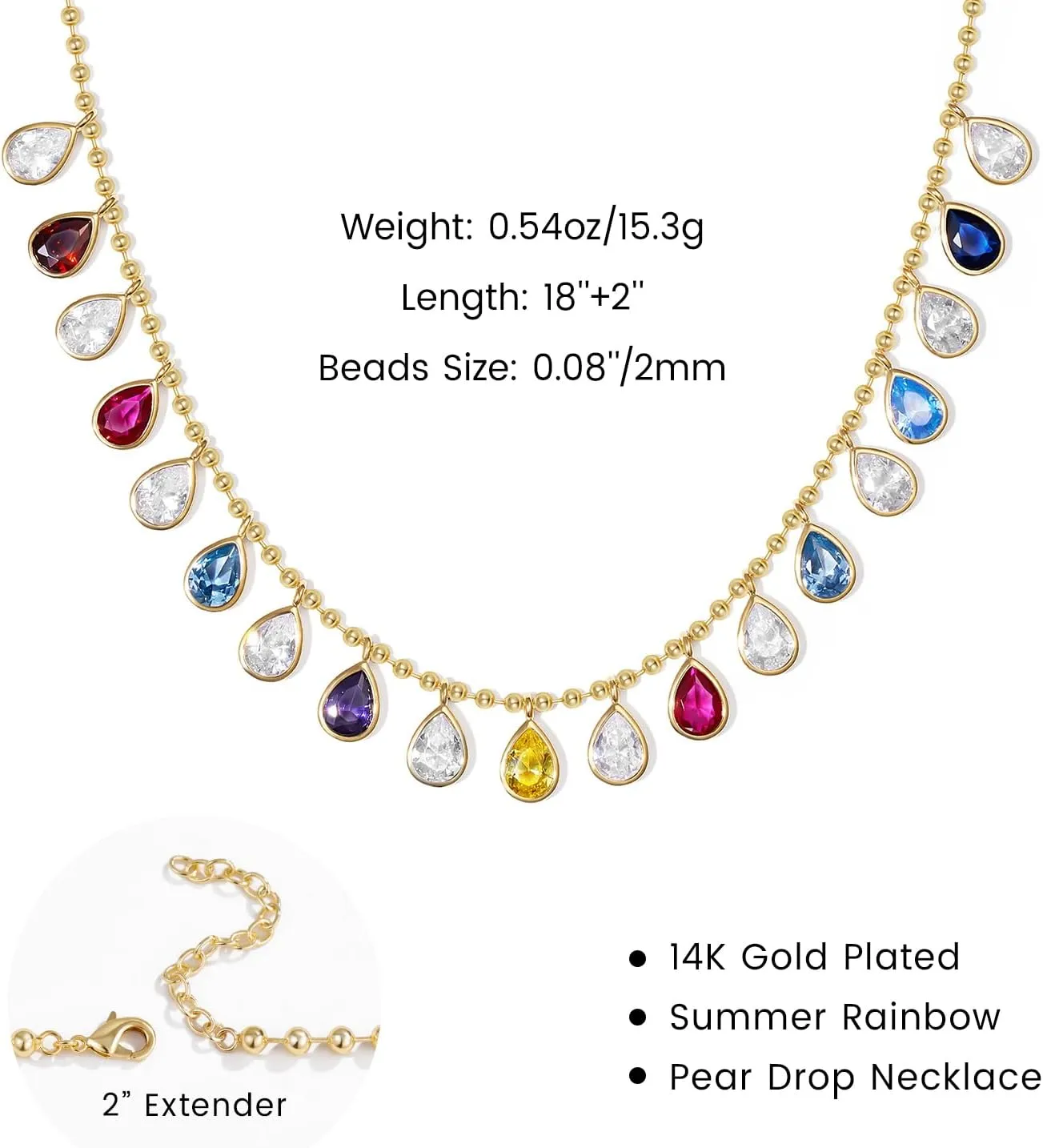 KissYan Colorful Charm Necklace for Women, 14K Gold Plated Beaded Choker Rainbow Cubic Zirconia Necklaces Dainty Summer Jewelry Gift