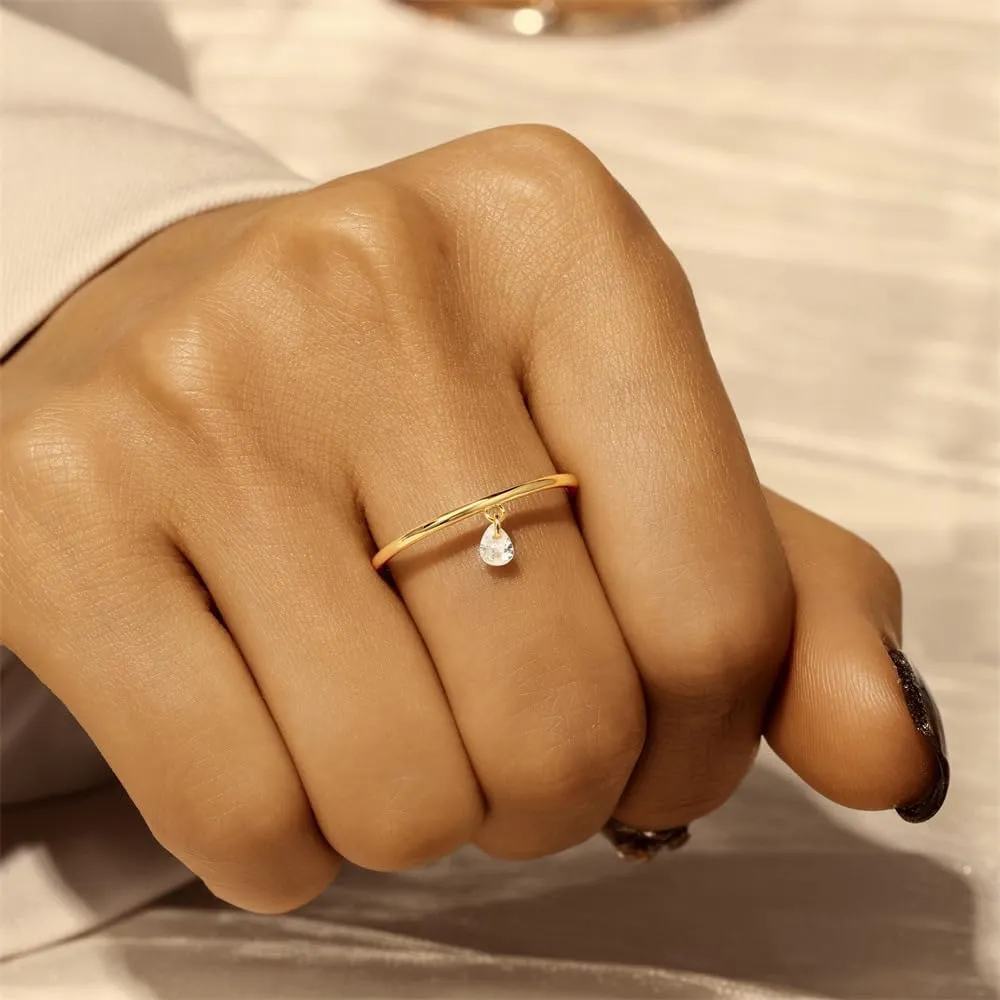 Kokoma Dangle Charm Sterling Silver Ring for Women Thin Stackable Ring High Polish Plain Finger Band Statement Ring Minimalist Jewelry