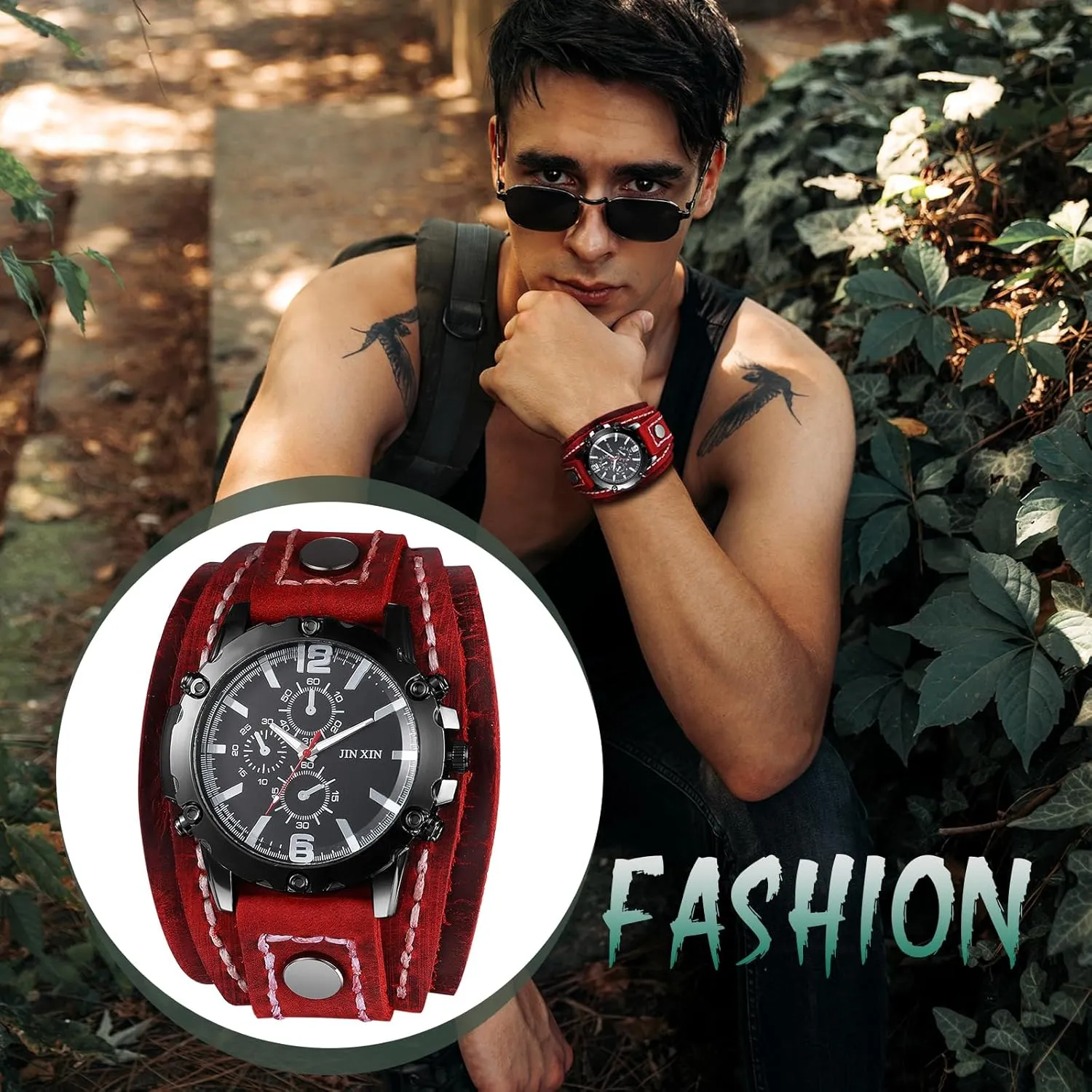 Lancardo Men Steampunk Leather Watch: Black Dial Multi-Layer Leather Strap Wide Cuff Analog Quartz Watch Three-Eye Decorative Valentines Day