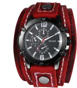 Lancardo Men Steampunk Leather Watch: Black Dial Multi-Layer Leather Strap Wide Cuff Analog Quartz Watch Three-Eye Decorative Valentines Day