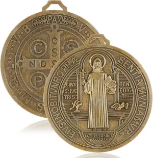 Landical 2 Pcs 5 Inch St Benedict Medals Extra Large Metal Saint Pendant Christmas Vintage Gold Tone Finish Saint Benedict Protection for Door Wall or Desk Display Art Decor Gifts