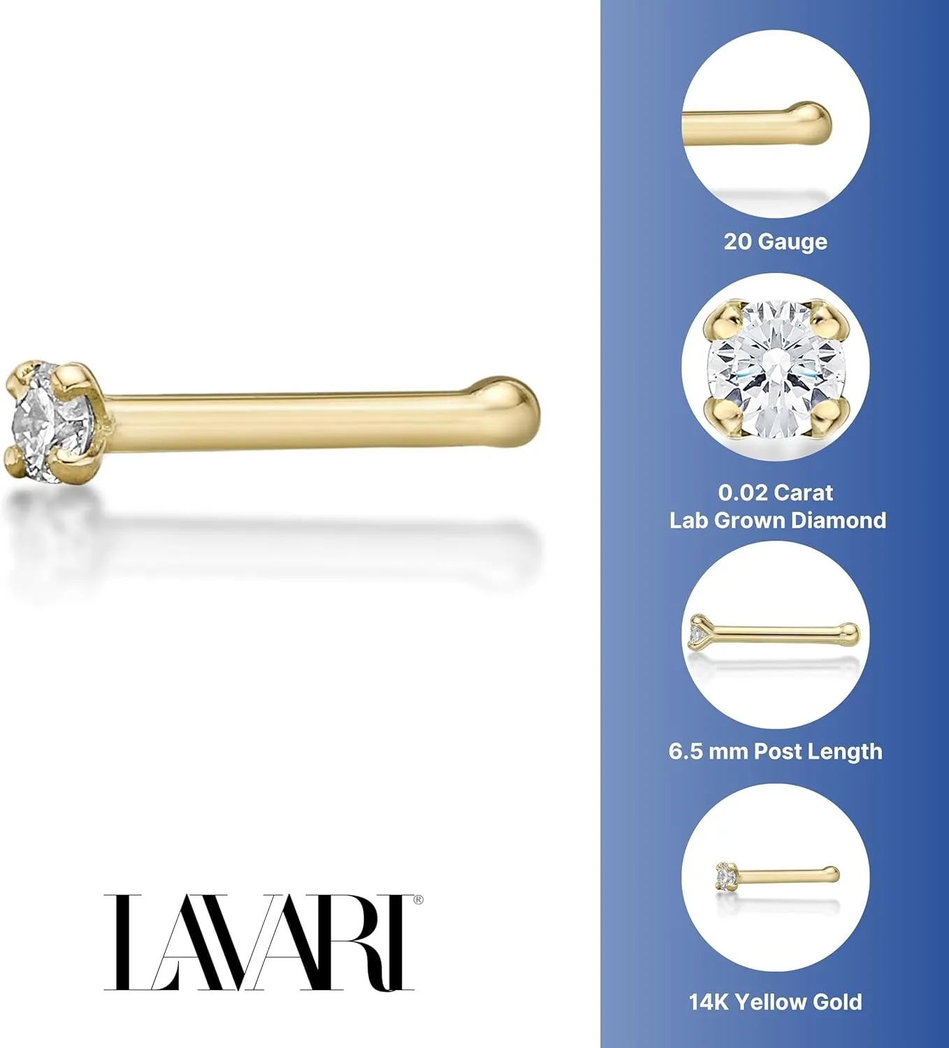 Lavari Jewelers 20 Gauge 0.01 to 0.07 Carat Lab Grown Diamond Straight Bone Nose Stud for Women - 14k Gold 1.3 to 2.7mm (D-E, VVS1-VVS2 to I2-I3, cttw) Nose Ring - Unisex Nostril Piercing Jewelry