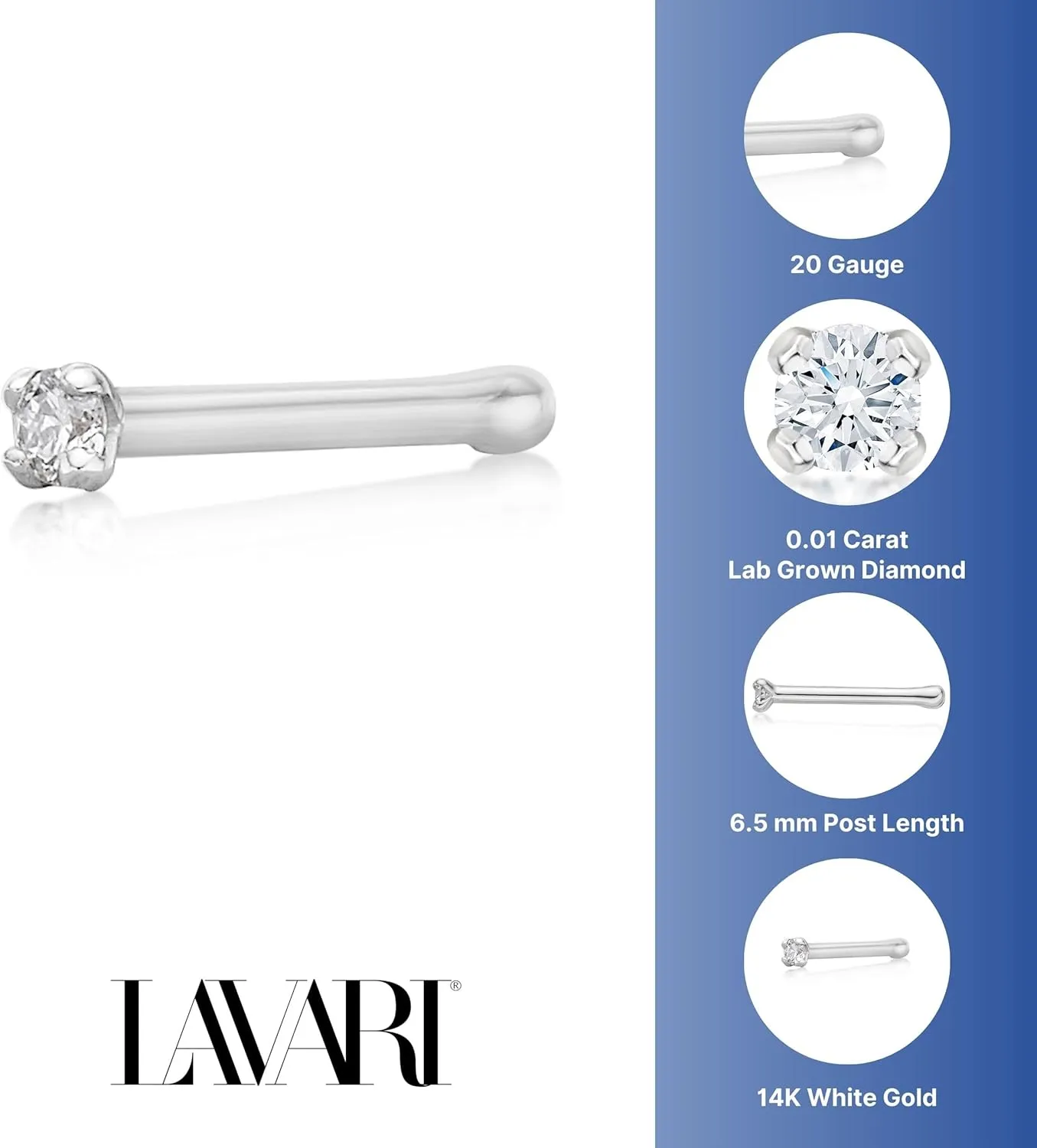 Lavari Jewelers 20 Gauge 0.01 to 0.07 Carat Lab Grown Diamond Straight Bone Nose Stud for Women - 14k Gold 1.3 to 2.7mm (D-E, VVS1-VVS2 to I2-I3, cttw) Nose Ring - Unisex Nostril Piercing Jewelry