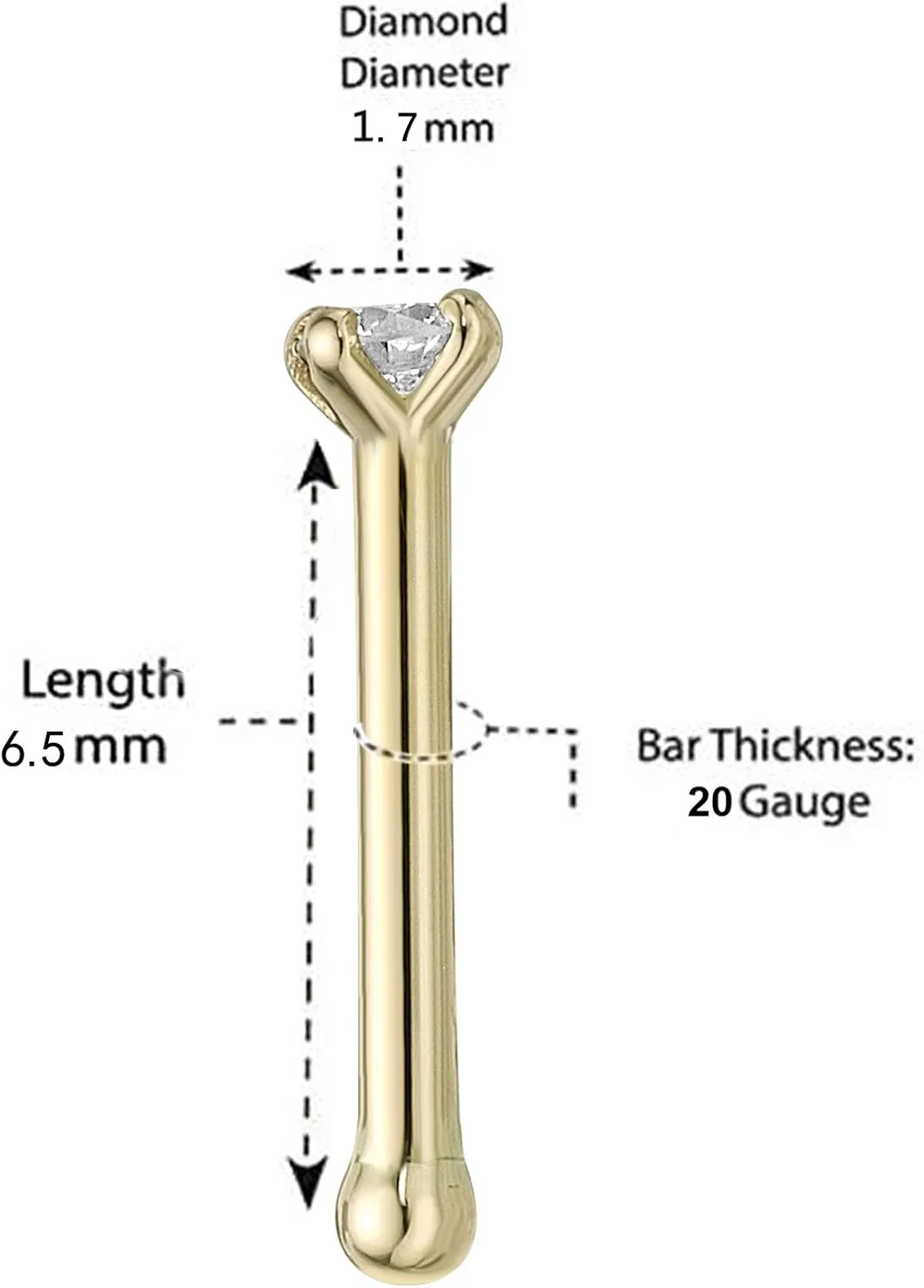 Lavari Jewelers 20 Gauge 0.01 to 0.07 Carat Lab Grown Diamond Straight Bone Nose Stud for Women - 14k Gold 1.3 to 2.7mm (D-E, VVS1-VVS2 to I2-I3, cttw) Nose Ring - Unisex Nostril Piercing Jewelry