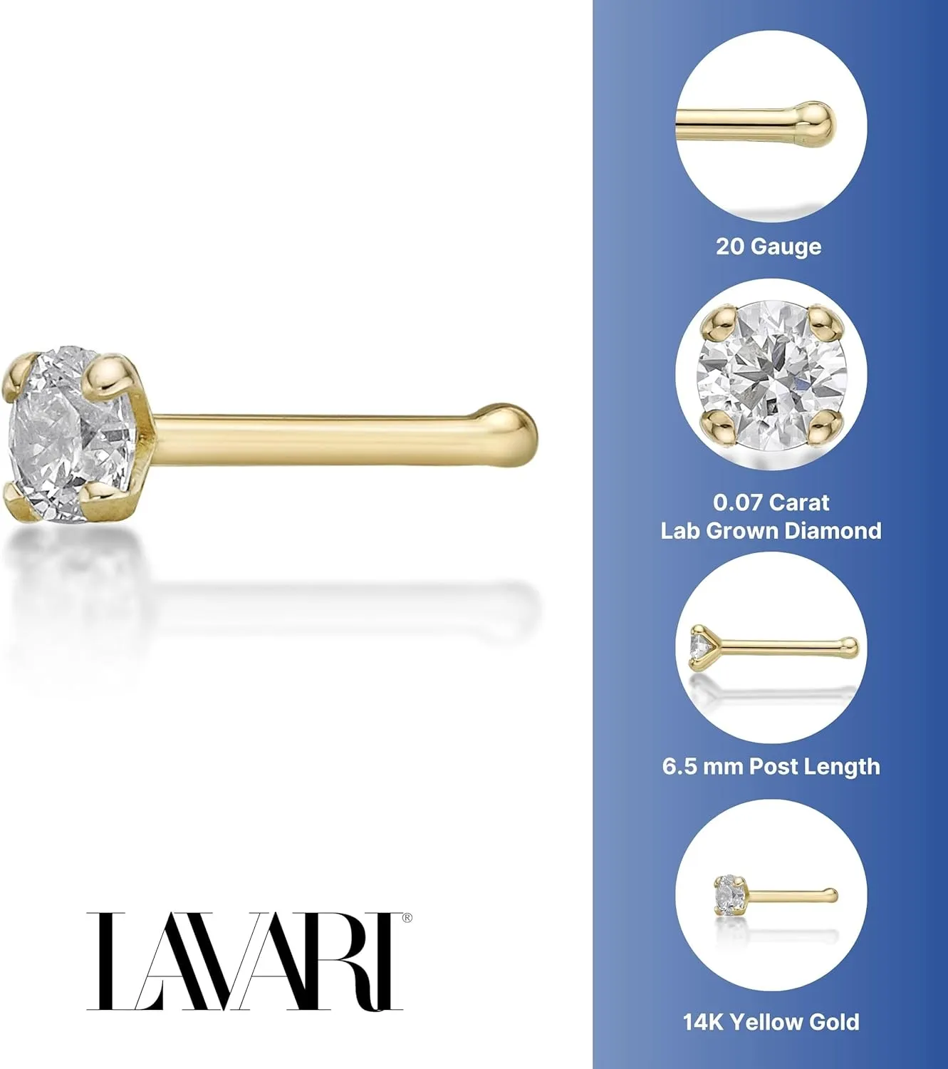 Lavari Jewelers 20 Gauge 0.01 to 0.07 Carat Lab Grown Diamond Straight Bone Nose Stud for Women - 14k Gold 1.3 to 2.7mm (D-E, VVS1-VVS2 to I2-I3, cttw) Nose Ring - Unisex Nostril Piercing Jewelry