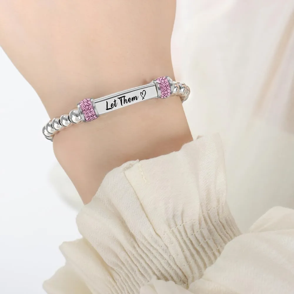 Let Them Bracelet For Women Men,Self Worth Motivational Crystal Energy Chain Beaded Stretch Bracelets Inspirational Stainless Steel Engraved Friendship Jewelry Gift